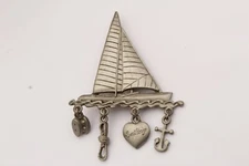 Vintage Silvertone JJ Jonette Jewelry Sailboat Sailing Anchor Pin Brooch