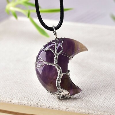 5pcs Tree of Life Amethyst Crystal Pendant Necklace Moon Shape