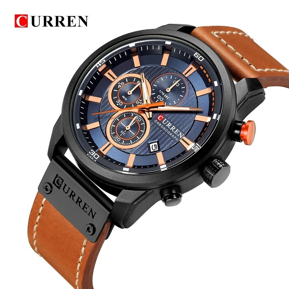 Curren Herren Luxus Leder Armbanduhr Chronograph Wasserdicht Datum Analog Quarz - Bild 1 von 4