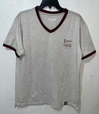 Qatar Airways T-Shirt Adult Medium Beige Burgundy Ringer V-Neck World Cup 22