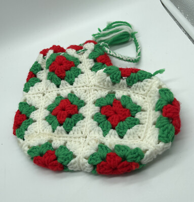 Handmade GRANNY SQUARE Hand Knit Christmas Stocking Red Green & White Holiday