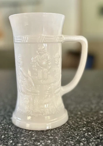 Vintage Beer Stein Mug Tankard Milk Glass Embossed Scene Federal Glass