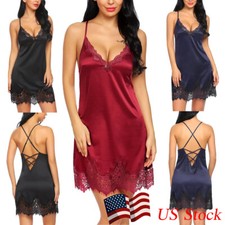 Women V Neck Lace Satin Lingerie Babydoll Silk Chemise Sleepwear Nightdress Set