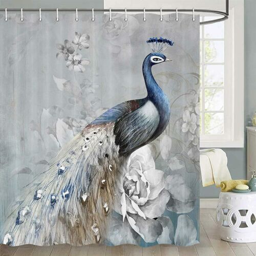 Peacock Shower Curtain, Tropics Wildlife Animal Peacock Feather Bath Curtain - Picture 1 of 5