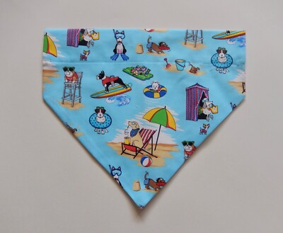 SUMMER BEACH DOGS ON BLUE  DOG SCARF/BANDANA--S, M, L