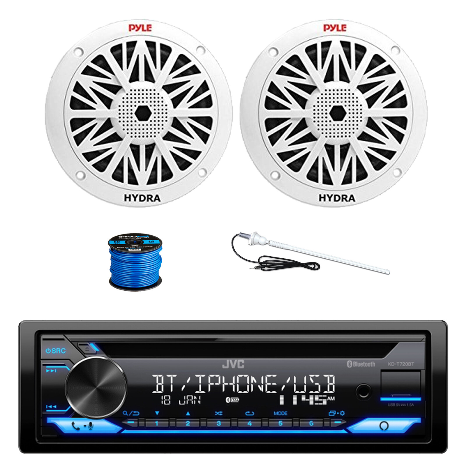 JVC Single DIN Bluetooth CD Receiver, 2x 6.5'' 200W Speakers, Wire, Antenna