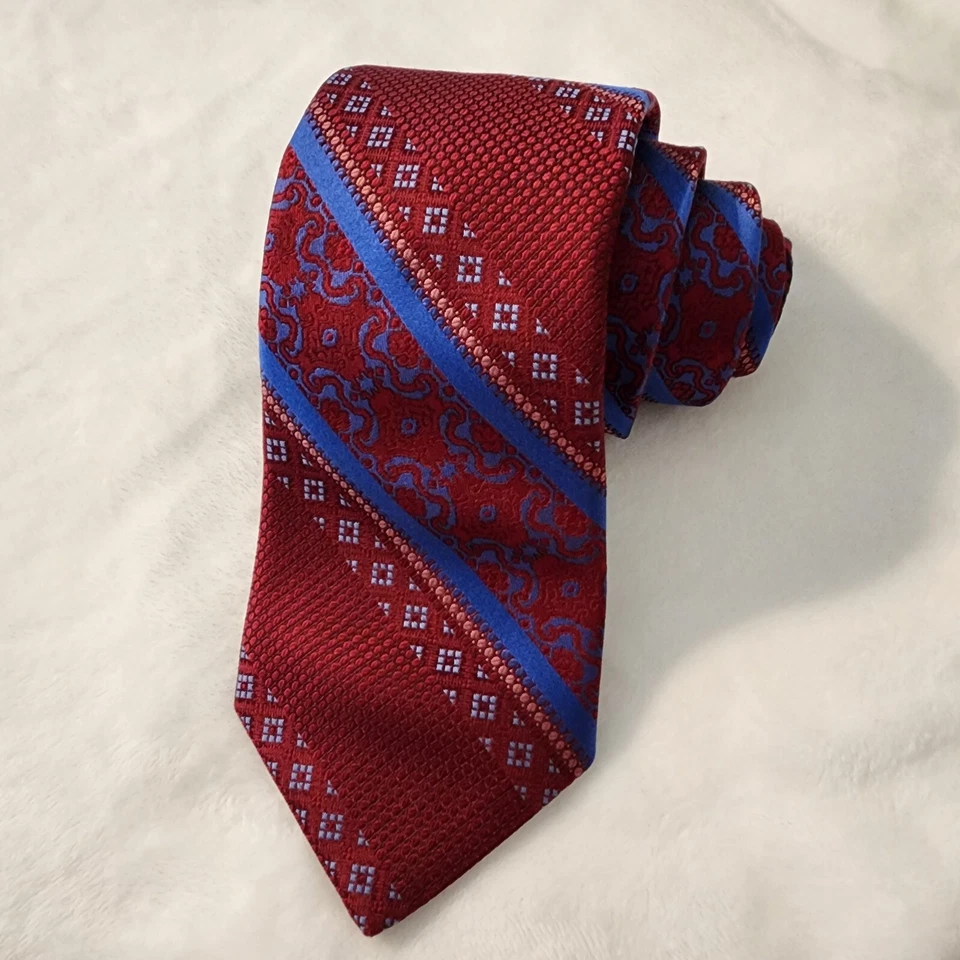 Corbata Robert Graham 100 % seda roja azul real a rayas geométricas vintage Foto 3 de 4