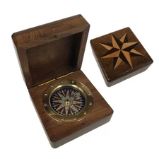 3" Wood Compass Box with Inlaid Compass Rose Design and 2-1/4" Brass Compass