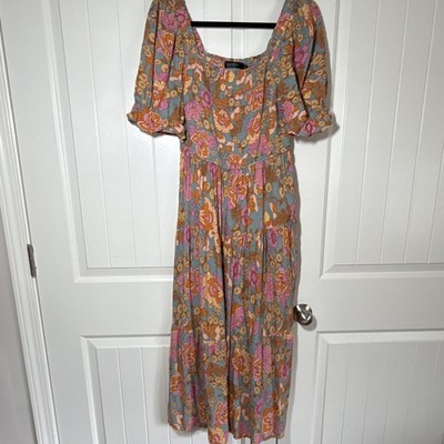 ZESICA Women's L Floral Puff Sleeve Smocked Midi Sundress Multicolor Rayon