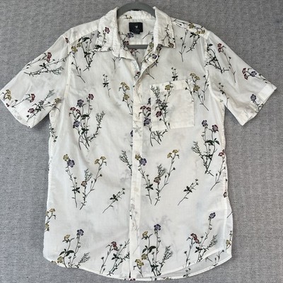 H&M Men s Button Up Shirt S White Floral Print Short Sleeve Casual Lightweight