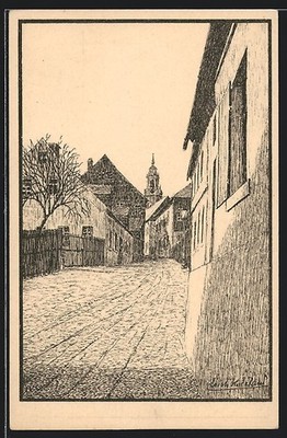 Künstler-AK Schneeberg, Strassenpartie mit Blick nach der Kirche 