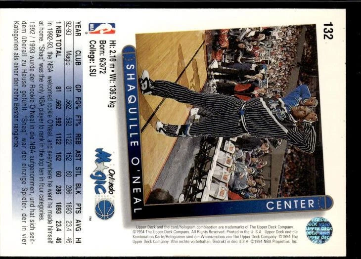 1992 upperdeck #132 Shaquille O'Neal - Image 2 of 2