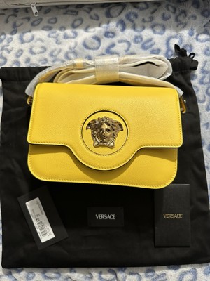 Versace La Medusa Logo Plaque Yellow Pebbled Leather Crossbody Bag New $1600