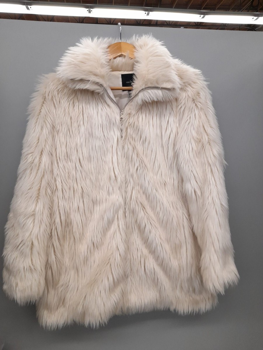 FOREVER 21 Women's Cream Size L Zip Up Faux Fur Jacket | eBay