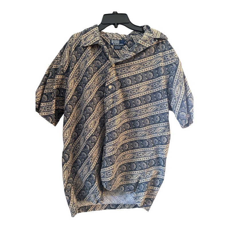 90s Vintage Polo Ralph Lauren Loop Collar Camp Shirt Blue Bandana Paisley Sz M