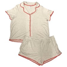 Womens Beige  Orange Pajamas Button Front Top  Shorts Sleep Set