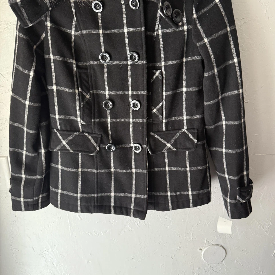 Abrigo YMI NUEVO CON ETIQUETAS Y2k Dead Stock Mujer Mediano Cuadros Mezcla de Lana Piel Capucha Chaqueta Foto 3 de 4