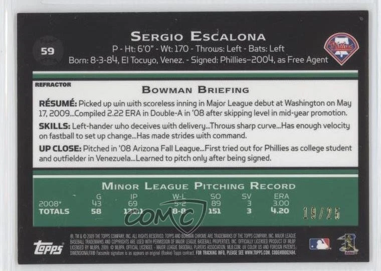 2009 Bowman Chrome Orange Refractor /25 Sergio Escalona #59 Rookie RC - Image 2 of 2