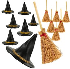 14 Pcs Mini Black Witch Hats With Brooms For Halloween Party Decor