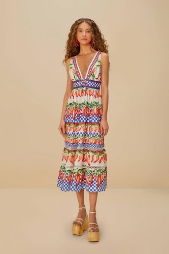 Farm Rio Pepper NWT AUTH FARM RIO Off-White Picnic Peppers Ainika Midi Dress Sz EXTRA ...