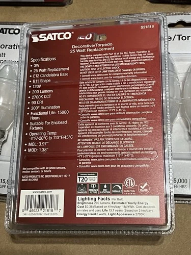 Satco S21818 LED Torpedo Light Bulb 3W=25W Frost E12 ( 10 Bulbs Total ) New - Picture 4 of 4