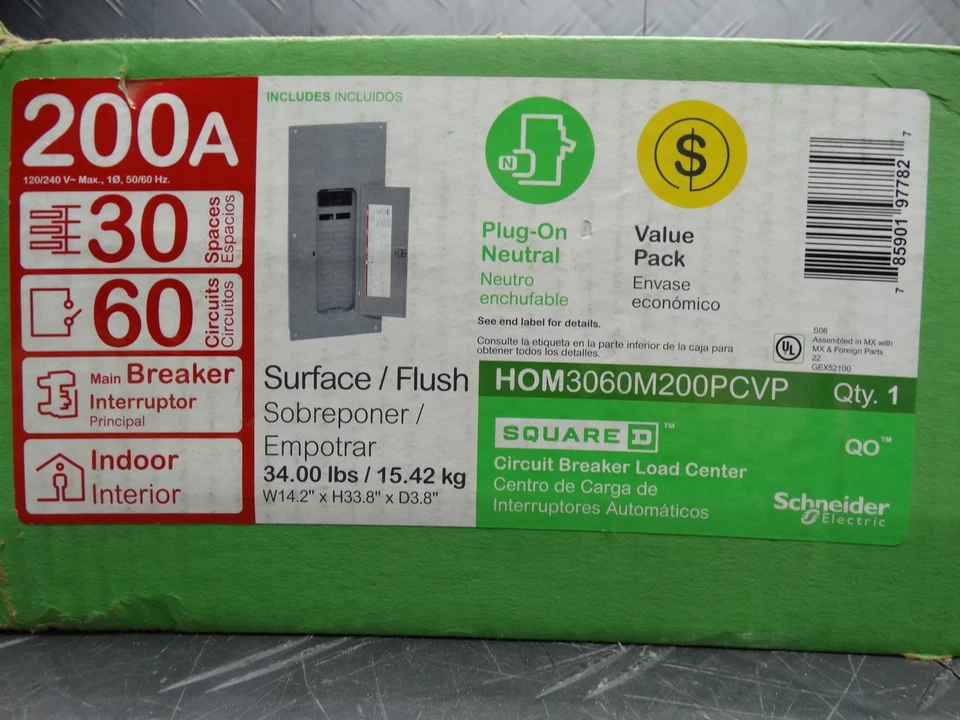 Square D Homeline 200A 30 空间 60 电路室内主断路器面板带盖 — 第 2/4 张图片