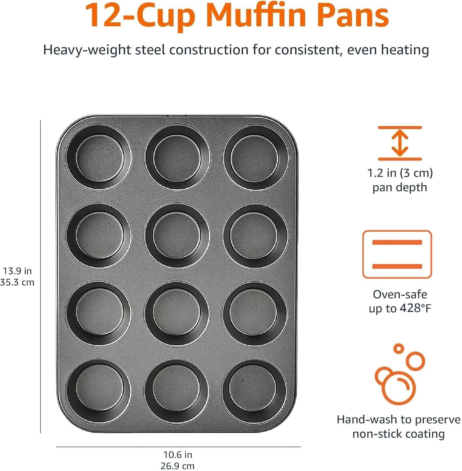 Amazon Basics Nonstick Round Muffin Baking Pan, 12 Cups, Set of 2, Gray, 13.9x10