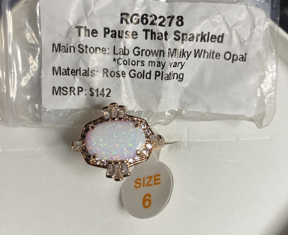 “The Pause That Sparkled” October 2025 Milky White Opal Rose Gold Size 6 Ring BP