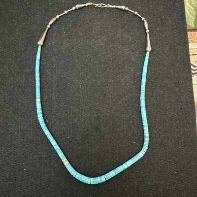 Vintage Native American Southwest Turquoise Heishi Beaded Sterling Necklace 26 
