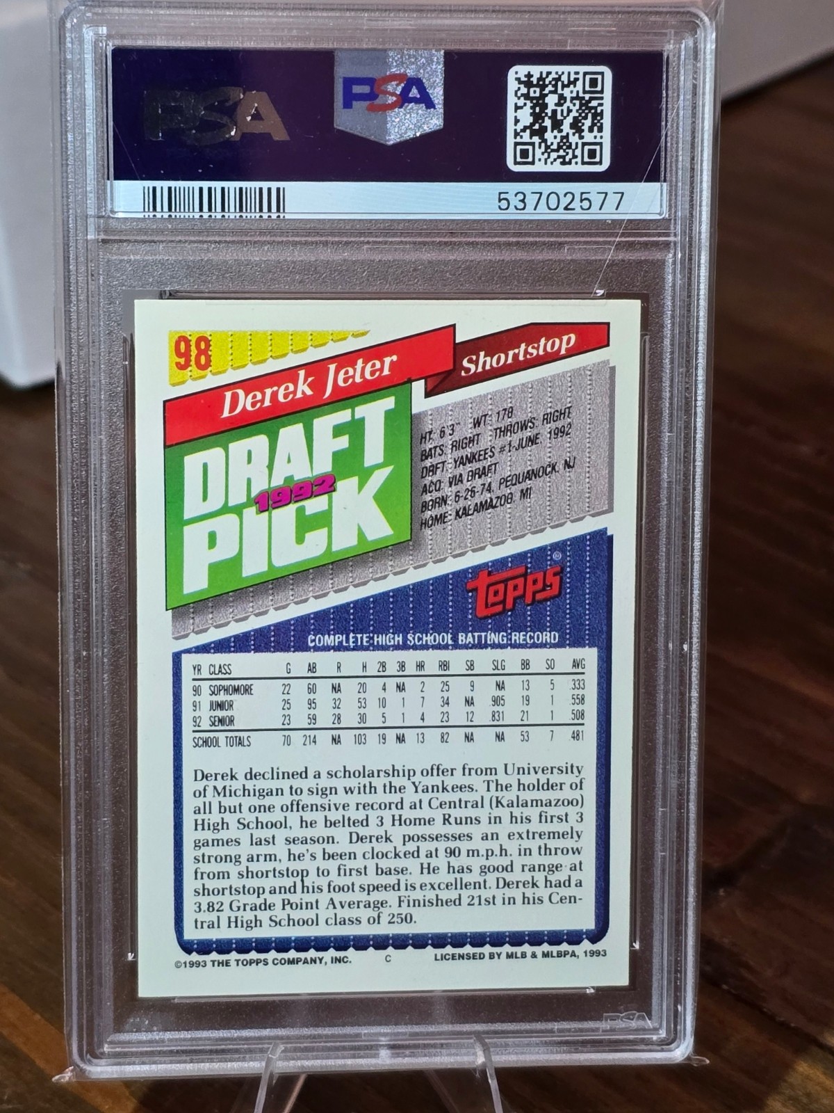 1993 Topps Gold DEREK JETER Yankees 1992 Draft Pick Rookie RC SP #98 Mint PSA 9 view 2