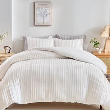 White Boho Duvet Cover Set King Size, Striped Textured Duvet Cover Tufted Bed...