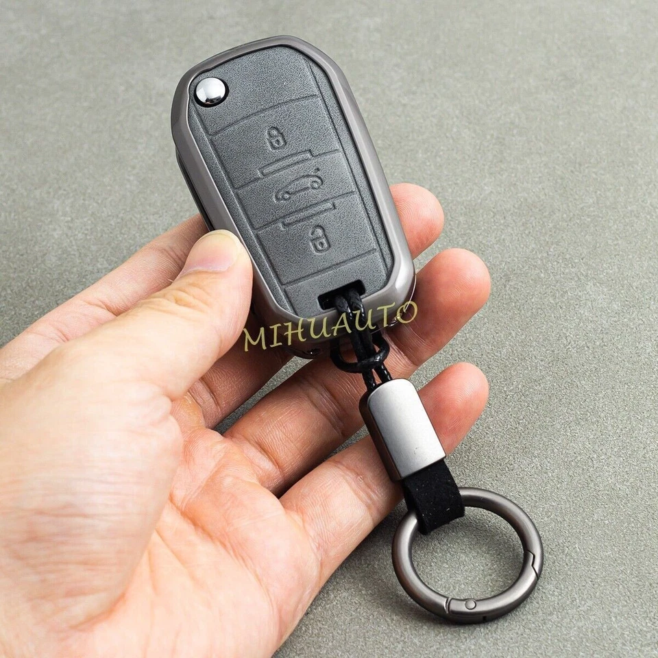For Peugeot 208 301 308 508 2008 3008 Metal Leather Car Flip Key Fob Cover Case - Image 3 of 4