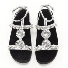 MIU MIU large rhinestone crystal metallic silver velvet flat sandals EU36
