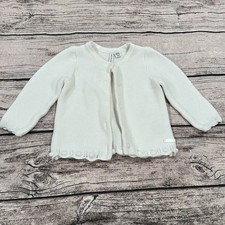 Janie and Jack White Knit Cardigan With Pom Poms along Bottom, Size 6-12 Months