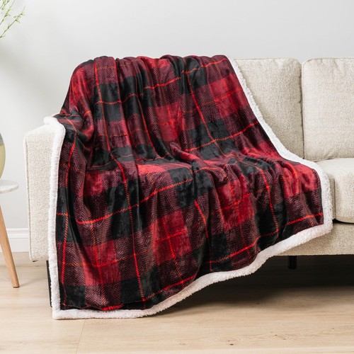 Red Plaid Sherpa Throw Blanket for Couch, Plush Flannel Fleece, Soft Fuzzy Ca...