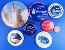 NASA BUTTON Lot of 7 vtg Space Shuttle COLUMBIA CHALLENGER Missile KSC Engle