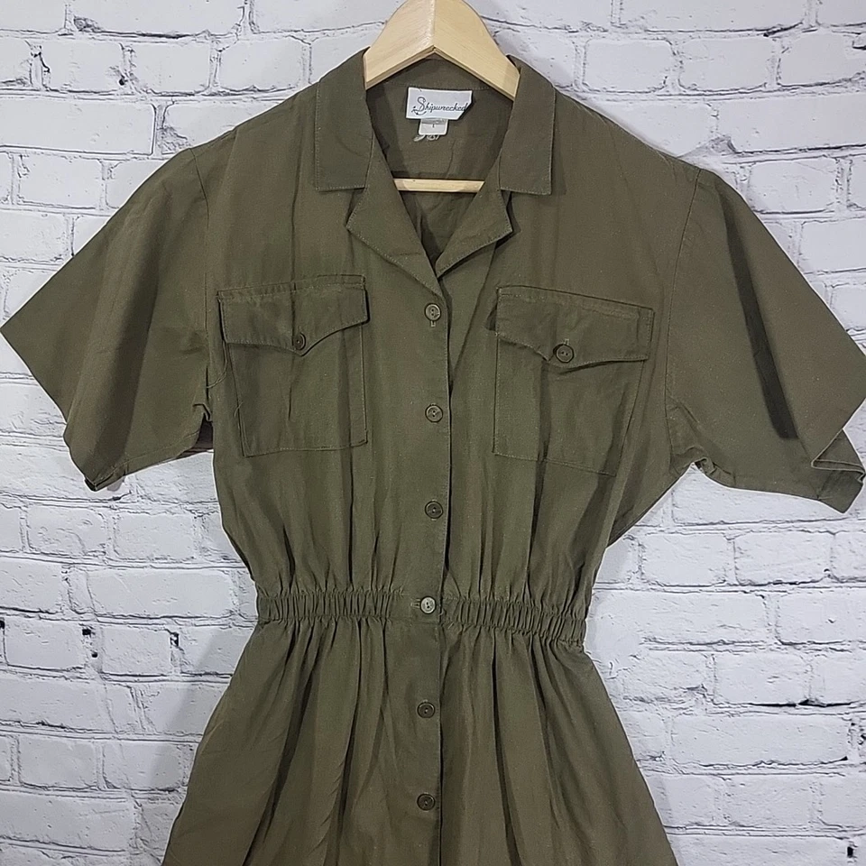 Camisa vintage anos 90 exército verde botão elástico bolsos cintura modesto L algodão EUA - Imagem 2 de 4