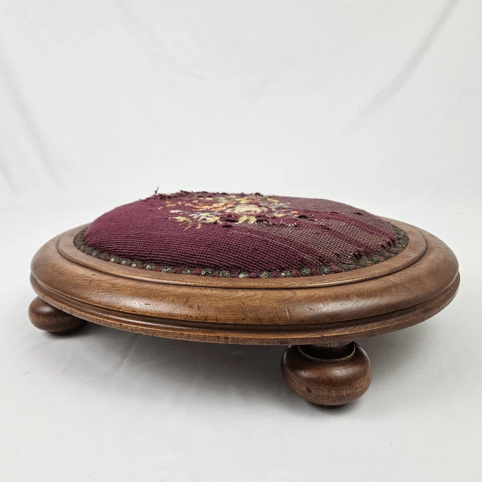 Antique Walnut Needlepoint Footstool Foot Rest Ottoman French Victorian Vintage - Image 2 of 4