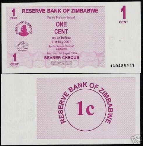 Zimbabwe 1 CENT P-33 2006 x 50 Pcs Lot BUNDLE Zimbabwean Bearer Check UNC NOTE - Image 3 of 4