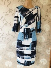 phase eight size 8 Pencil Dress Stretch Blue Art Geometric 1/2 Sleeve VGC