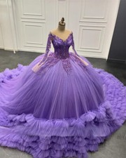 Purple Tulle Quinceanera Dresses Ruffles Beaded Ball Gown Long Sleeves Sweet 16