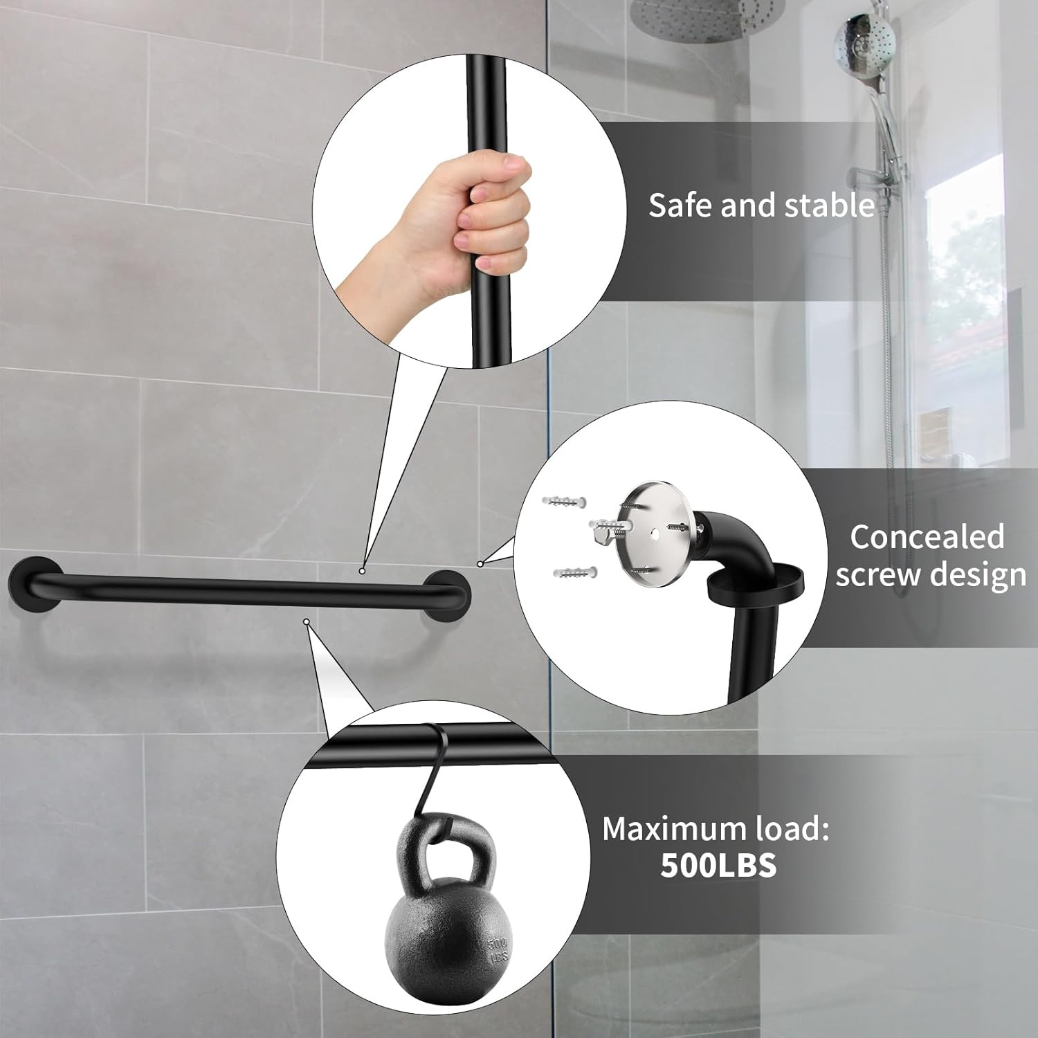 2 Pack 24 Inch Black Shower Grab Bars, ZUEXT Stainless Steel Bathroom Wall Grab