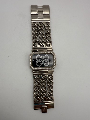 Guess Womens Silver-Tone Chain-Link Watch With Crystal-Accented Bezel & Black Di