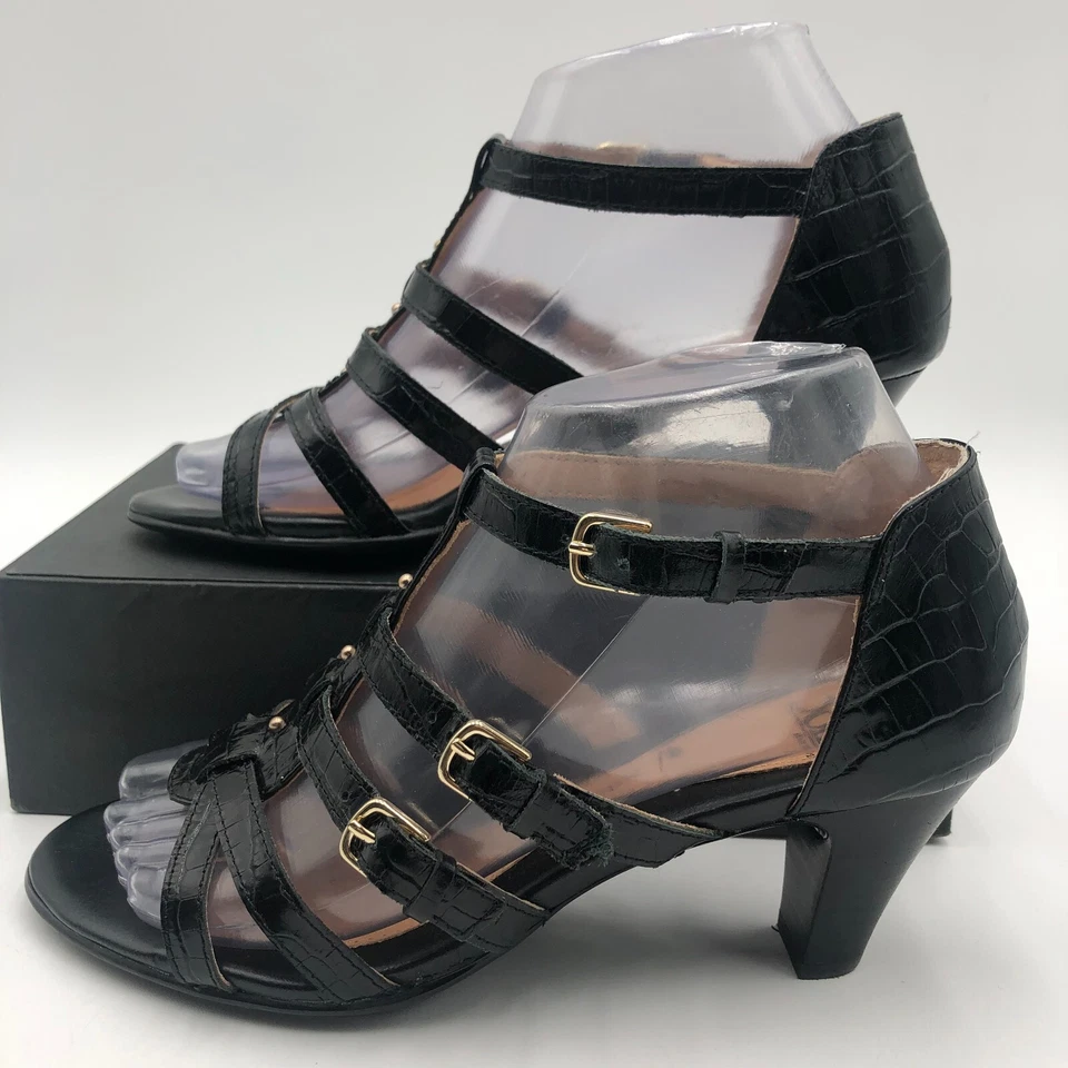 Sandalias de tacón blando para mujer talla 6,5 M charol negro dorado tachonado Foto 3 de 4