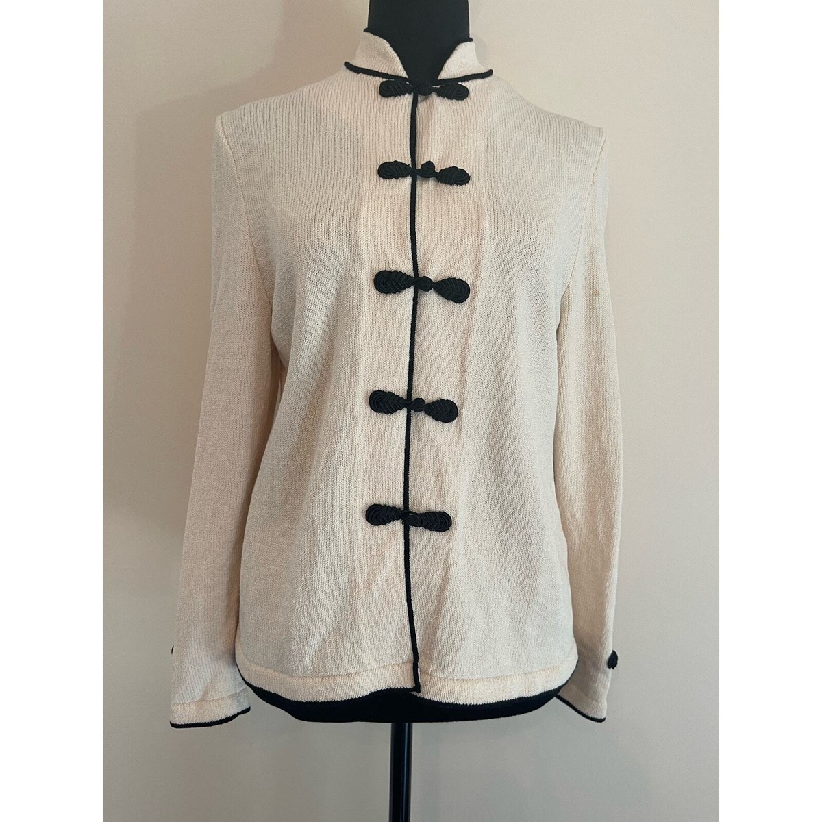 ジャケット・アウター ORIGINAL BUTTON COLLARLESS KNIT JACKET J.S.S knit wear button up Jacket small wool cream/ black