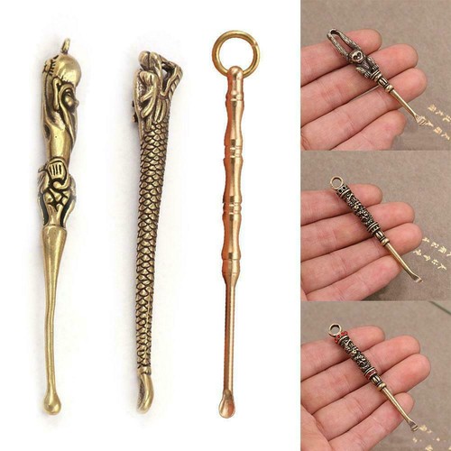 Vintage Brass Mini Spoon Shovel Medicine Spoon Tool Chain Earpick Key F9A0
