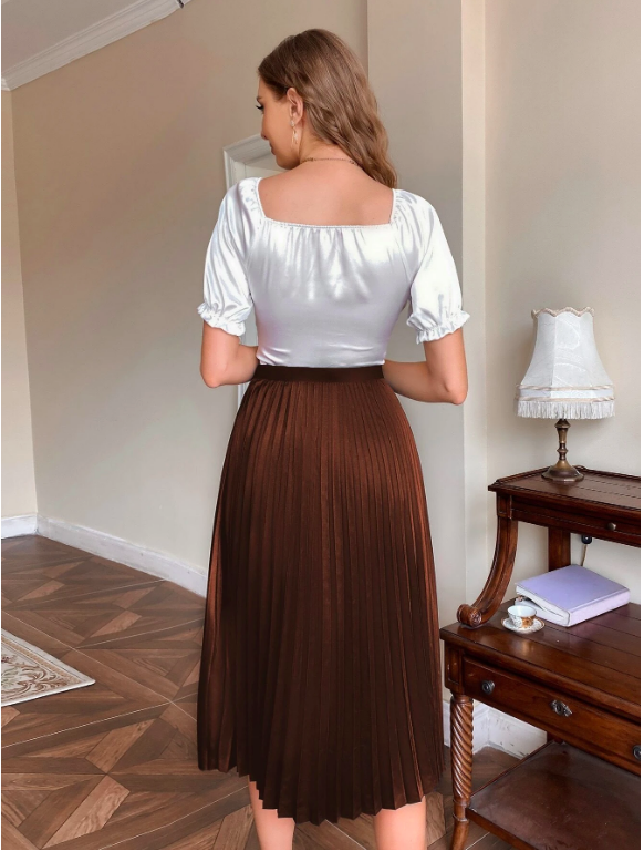 Coffee Brown Solid Pleated Skirt Sz XS S M L | eBay