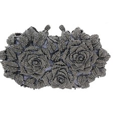 Evening luxury crystal Bridal clutch purse bag roses Floral black or gray
