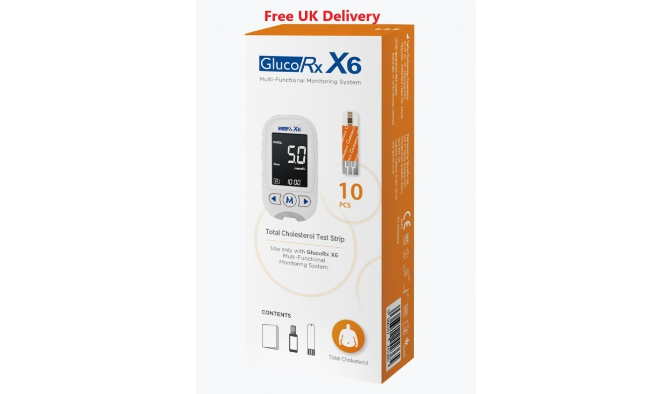 GlucoRx X6 Total Cholesterol Test Strips (10)-NEW