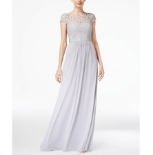 Adrianna Papell Women 4 Silver Short Sleeve Illusion Lace Jeweled Gown Def CH88